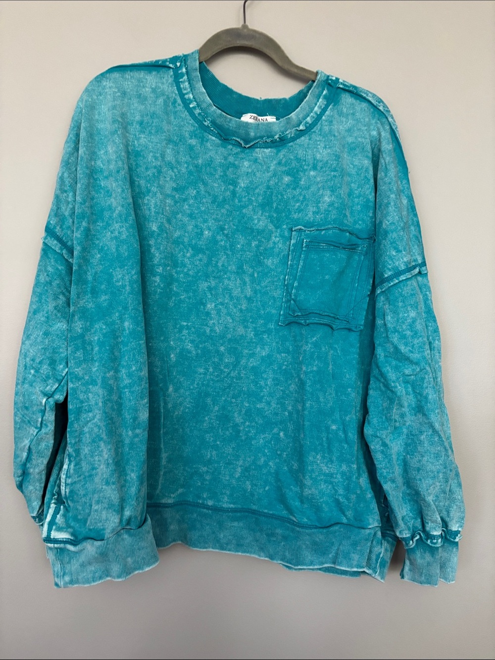 Teal Mineral-Wash Crew Sweatshirt with Patch Pocket and Side Pockets Cotton